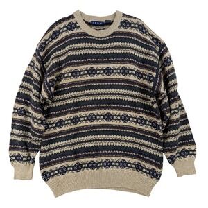 IZOD Sweater Mens Large Beige Fair Isle Cotton Crewneck Knit Pullover Pattern